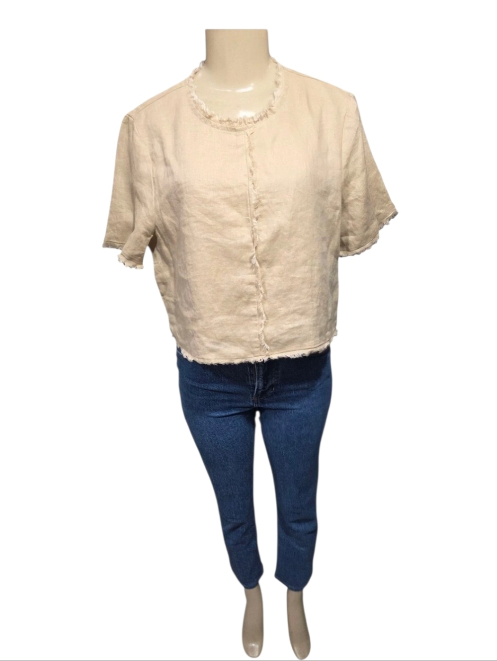 Magaschoni 100% Linen Cropped‎ Beige Top Short Sleeve Size-M